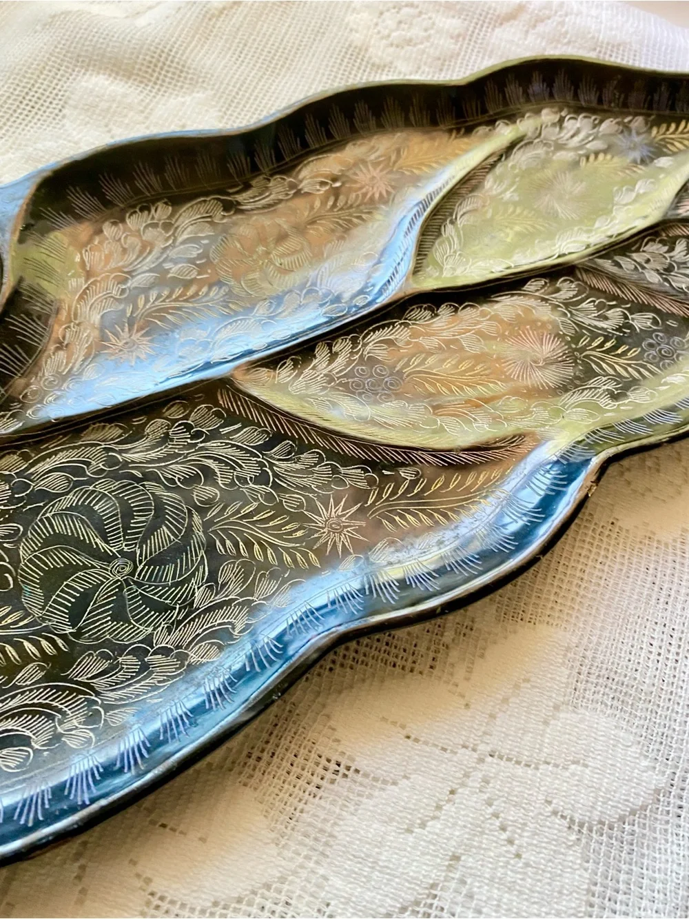 Handcrafted Leaf-Shaped Serving Tray in Dark Metallic Finish